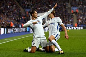 Álvaro Morata opens the Chelsea scoring in the Premier League match against Leicester City.