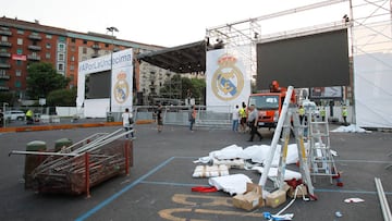 Preparativos de la &#039;fan zone&#039; que el Real Madrid tuvo en Mil&aacute;n para la final de la Und&eacute;cima.