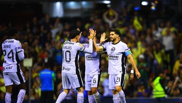    Brian Rodriguez celebrates his goal 2-0 with Henry Martin of America during the 13th round match between America and Atletico San Luis as part of the Torneo Clausura 2024 Liga BBVA MX at Azteca Stadium on March 29, 2024 in Mexico City, Mexico.