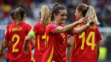 Spain's midfielder #03 Teresa Abelleira (C) celebrates after scoring a goal during the UEFA Women's Euro 2025 Qualifying football match between Spain and Belgium at the Riazor stadium in Coruna, northern Spain, on July 16, 2024. (Photo by MIGUEL RIOPA / AFP)