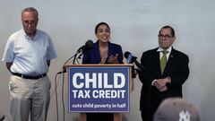 Alexandria Ocasio-Cortez, Senate Majority Leader Chuck Schumer and Rep. Jerry Nadler , hold a press conference on the Child Tax Credit (CTC) on July 08, 2021.