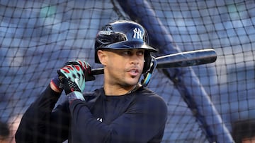 NEW YORK, NEW YORK - OCTOBER 28: Giancarlo Stanton #27 of the New York Yankees warms up during batting practice before playing the Los Angeles Dodgers during Game Three of the 2024 World Series at Yankee Stadium on October 28, 2024 in New York City. Alex Slitz/Getty Images/AFP (Photo by Alex Slitz / GETTY IMAGES NORTH AMERICA / Getty Images via AFP)