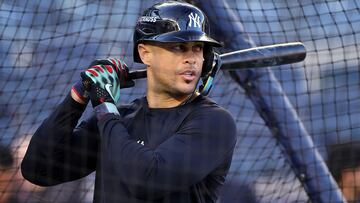 NEW YORK, NEW YORK - OCTOBER 28: Giancarlo Stanton #27 of the New York Yankees warms up during batting practice before playing the Los Angeles Dodgers during Game Three of the 2024 World Series at Yankee Stadium on October 28, 2024 in New York City. Alex Slitz/Getty Images/AFP (Photo by Alex Slitz / GETTY IMAGES NORTH AMERICA / Getty Images via AFP)