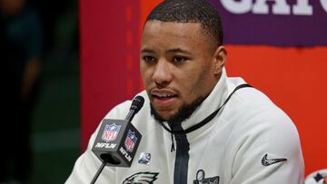 NEW ORLEANS, LOUISIANA - FEBRUARY 3: Philadelphia Eagles running back Saquon Barkley is surrounded by cameras on the field inside the Caesars Superdome during the Super Bowl Opening Night on February 3, 2025 in New Orleans, Louisiana. The Philadelphia Eagles and Kansas City Chiefs were made available for interviews during an energetic, New Orleans-themed event ahead of next Sunday's Super Bowl LIX. Michael DeMocker/Getty Images/AFP (Photo by Michael DeMocker / GETTY IMAGES NORTH AMERICA / Getty Images via AFP)