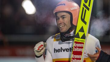 Engelberg (Switzerland Schweiz Suisse), 17/12/2023.- Stefan Kraft from Austria reacts in the finish area during the men's FIS Ski Jumping World Cup competition at the Gross-Titlis Schanze in Engelberg, Switzerland, 17 December 2023. (Suiza) EFE/EPA/URS FLUEELER
