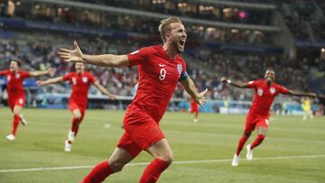 Volgograd (Russian Federation), 18/06/2018.- Harry Kane of England celebrates after scoring the winning goal during the FIFA World Cup 2018 group G preliminary round soccer match between Tunisia and England in Volgograd, Russia, 18 June 2018.
 
 (RESTRICT