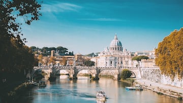 Rome, Italy. Papal Basilica Of St. Peter In The Vatican. Sightseeing Boat Floating Near Aelian Bridge. Tour Touristic Boat