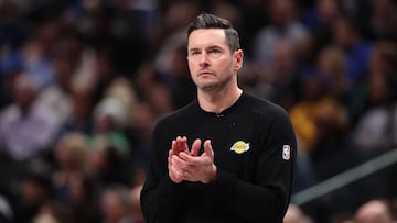 DALLAS, TEXAS - JANUARY 07: Head coach JJ Redick of the Los Angeles Lakers reacts during the third quarter against the Dallas Mavericks at American Airlines Center on January 07, 2025 in Dallas, Texas. NOTE TO USER: User expressly acknowledges and agrees that, by downloading and/or using this photograph, user is consenting to the terms and conditions of the Getty Images License Agreement. Sam Hodde/Getty Images/AFP (Photo by Sam Hodde / GETTY IMAGES NORTH AMERICA / Getty Images via AFP)