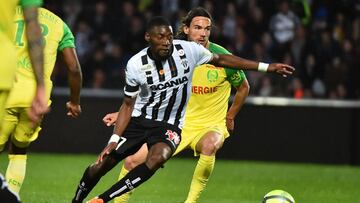 Angers' Cameroonian forward Karl Toko Ekambi (L) vies with Nantes' Slovenian midfielder Rene Krhin (R) during the French L1 football match between Angers (SCO) and Nantes (FC) on May 12, 2018, at Raymond-Kopa Stadium, in Angers, northwestern Fra