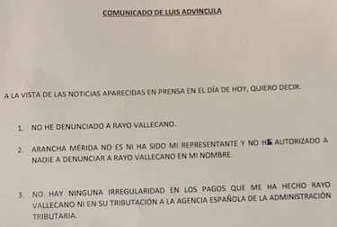 Adv¨ªncula niega que cobre en Panam¨¢ y su denuncia al Rayo