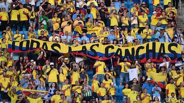 CHARLOTTE, NORTH CAROLINA - JULY 10: Colombia fans hold up a banner prior to the semi-final match between Uruguay and Colombia in the CONMEBOL Copa America USA 2024 at Bank of America Stadium on July 10, 2024 in Charlotte, North Carolina. (Photo by Robin Alam/ISI Photos/Getty Images)