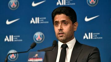 Paris Saint-Germain's Qatari president Nasser Al-Khelaifi speaks during a press conference for the unveiling of Argentinian football player Lionel Messi at the French football club Paris Saint-Germain's (PSG) Parc des Princes stadium in Paris on August 11, 2021. - The 34-year-old superstar signed a two-year deal with PSG on August 10, 2021, with the option of an additional year, he will wear the number 30 in Paris, the number he had when he began his professional career at Spain's Barca football club. (Photo by STEPHANE DE SAKUTIN / AFP)