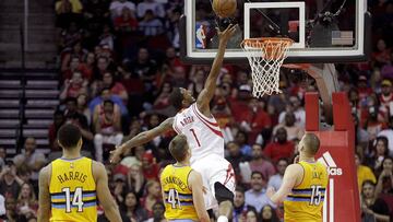 Mar 20, 2017; Houston, TX, USA; Houston Rockets forward Trevor Ariza (1) scores against the Denver Nuggets in the second half at Toyota Center. Rockets won 125 to 124. Mandatory Credit: Thomas B. Shea-USA TODAY Sports