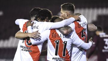 LANUS, ARGENTINA - JULY 28: Nicolas De La Cruz of River Plate celebrates with teammates Bruno Zuculini and Jorge Carrascal after scoring the second goal of his team during a match between Lanus and River Plate as part of Torneo Liga Profesional 2021 at Es