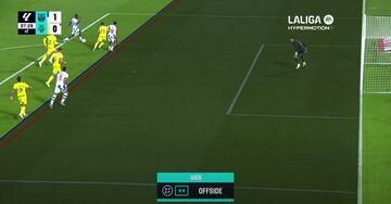 Captura del momento en el que el VAR justificó el gol anulado a Cissé por fuera de juego de Ureña, que interfiere en la jugada al taponar la salida de un defensa del Villarreal B. 