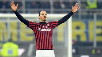 Soccer Football - Serie A - Inter Milan v AC Milan - San Siro, Milan, Italy - February 9, 2020 AC Milan's Zlatan Ibrahimovic celebrates scoring their second goal REUTERS/Daniele Mascolo