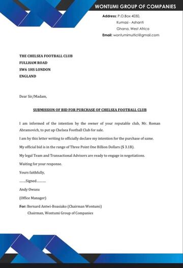 Carta de Andy Owusu al Chelsea.