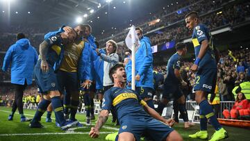 Pablo Pérez celebra el primer gol de Boca Juniors en la final de la Copa Libertadores.