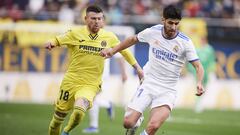 VILLARREAL, SPAIN - FEBRUARY 12:  Marco Asensio of Real Madrid CF being followed by Alberto Moreno  of Villarreal CF during the LaLiga Santander match between Villarreal CF and Real Madrid CF at Estadio de la Ceramica on February 12, 2022 in Villarreal, S