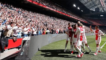 David Neres of Ajax celebrates scoring his teams second goal of the game with team mates during the Dutch Eredivisie