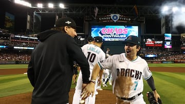 Oct 11, 2023; Phoenix, Arizona, USA; Arizona Diamondbacks left fielder Corbin Carroll (7) reacts after defeating the Los Angeles Dodgers in game three of the NLDS for the 2023 MLB playoffs at Chase Field. Mandatory Credit: Mark J. Rebilas-USA TODAY Sports