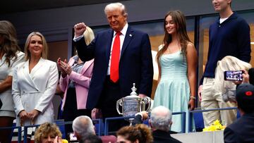 (L/R) White House Press Secretary Karoline Leavitt, US Attorney General Pam Bondi, US President Donald Trump, granddaughter Arabella Kushner and Jared Kushner attend the men's singles final tennis match between Spain�s Carlos Alcaraz and Italy�s Jannik Sinner on the last day of the US Open tennis tournament at the USTA Billie Jean King National Tennis Center in New York City, on September 7, 2025. (Photo by KENA BETANCUR / AFP)