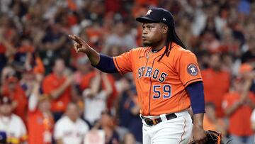 HOUSTON, TEXAS - OCTOBER 22: Framber Valdez #59 of the Houston Astros reacts as he walks back to the dugout after striking out Corey Seager #5 of the Texas Rangers to end the top of the third inning in Game Six of the American League Championship Series at Minute Maid Park on October 22, 2023 in Houston, Texas. Bob Levey/Getty Images/AFP (Photo by Bob Levey / GETTY IMAGES NORTH AMERICA / Getty Images via AFP)