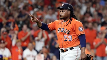 HOUSTON, TEXAS - OCTOBER 22: Framber Valdez #59 of the Houston Astros reacts as he walks back to the dugout after striking out Corey Seager #5 of the Texas Rangers to end the top of the third inning in Game Six of the American League Championship Series at Minute Maid Park on October 22, 2023 in Houston, Texas. Bob Levey/Getty Images/AFP (Photo by Bob Levey / GETTY IMAGES NORTH AMERICA / Getty Images via AFP)
