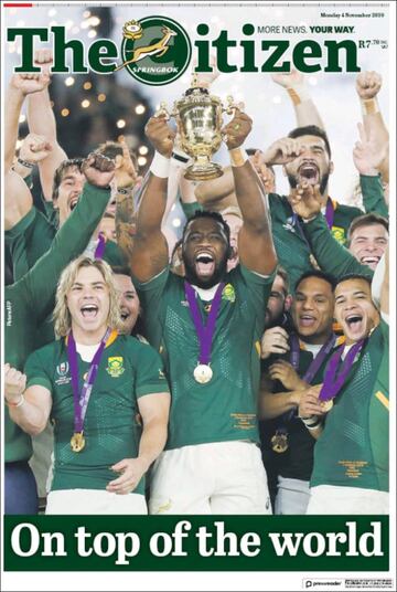 'En la cima del mundo' titulaba The Citizen después de que Sudáfrica se proclamase en Japón campeona del mundo de Rugby tras vencer a Inglaterra en la final.