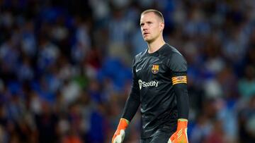 SAN SEBASTIAN, SPAIN - AUGUST 21: Marc-Andre ter Stegen of FC Barcelona looks on during the LaLiga Santander match between Real Sociedad and FC Barcelona at Reale Arena on August 21, 2022 in San Sebastian, Spain. (Photo by Ion Alcoba/Quality Sport Images/Getty Images)