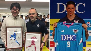 Im&aacute;genes de Andr&eacute;s Iniesta con el dibujante japon&eacute;s Yoichi Takahashi, el creador del famoso manga &quot;Captain Tsubasa&quot; (conocido en Espa&ntilde;a como &quot;Oliver y Benji&quot; o &quot;Campeones&quot;), y de Fernando Torres durante su presentaci&oacute;n con el Sagan Tosu.