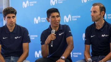 GRAF2271. MADRID, 18/06/2018.- Los ciclistas Mikel Landa, Nairo Quintana y Alejandro Valverde (i a d), durante la presentaci&oacute;n del equipo Movistar para el pr&oacute;ximo Tour de Francia, esta ma&ntilde;ana en Madrid. EFE / Rodrigo Jimenez