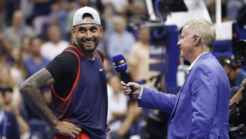 NEW YORK, NEW YORK - SEPTEMBER 04: Nick Kyrgios of Australia smiles during an interview after a win against Daniil Medvedev during their Men's Singles Fourth Round match on Day Seven of the 2022 US Open at USTA Billie Jean King National Tennis Center on September 04, 2022 in the Flushing neighborhood of the Queens borough of New York City.   Sarah Stier/Getty Images/AFP
== FOR NEWSPAPERS, INTERNET, TELCOS & TELEVISION USE ONLY ==