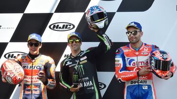 Johann Zarco, Marc Márquez y Danilo Petrucci en el pódium. 