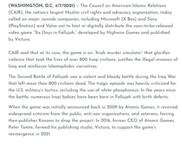 Six Days in Fallujah: piden su retirada por ser “un simulador de asesinar” musulmanes