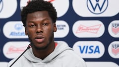 USA's midfielder Yunus Dimoara Musah takes part in a media event after his training session at the team's training camp in Doha on November 16, 2022, ahead of the Qatar 2022 World Cup football tournament. (Photo by OZAN KOSE / AFP)