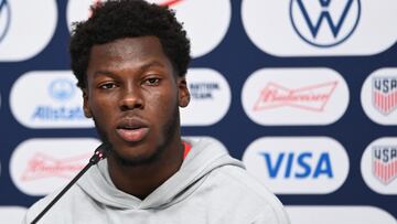 USA's midfielder Yunus Dimoara Musah takes part in a media event after his training session at the team's training camp in Doha on November 16, 2022, ahead of the Qatar 2022 World Cup football tournament. (Photo by OZAN KOSE / AFP)