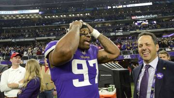 MINNEAPOLIS, MN - JANUARY 14: Everson Griffen #97 of the Minnesota Vikings reacts after defeating the New Orleans Saints on a last second touchdown in the NFC Divisional Playoff game on January 14, 2018 at U.S. Bank Stadium in Minneapolis, Minnesota. The 