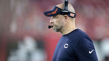 TAMPA, FLORIDA - OCTOBER 24: Head coach Matt Nagy of the Chicago Bears looks on in the fourth quarter against the Tampa Bay Buccaneers in the game at Raymond James Stadium on October 24, 2021 in Tampa, Florida.   Douglas P. DeFelice/Getty Images/AFP
 == F