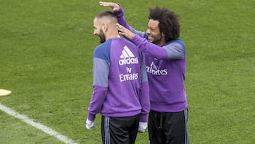 Marcelo y Benzema, en el entrenamiento de este viernes.