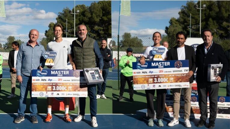 Los tenistas Pavel Lagutin y Valentina Losciale posan como campeones del Máster IBP Tenis Pro 2025 en el Club de Tenis Albox (Almería)