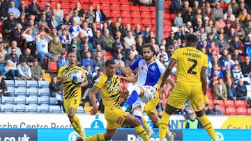 BLACKBURN, ENGLAND - OCTOBER 08: Blackburn Rovers' Ben Brereton Diaz shoots despite the attentions of Rotherham United's Lee Peltier but it was saved during the Sky Bet Championship between Blackburn Rovers and Rotherham United at Ewood Park on October 8, 2022 in Blackburn, United Kingdom. (Photo by Lee Parker - CameraSport via Getty Images)