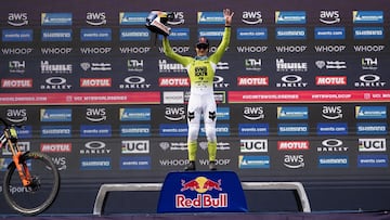 Jackson Goldstone celebrating at UCI Mountain Bike World Cup 2025, La Thuile, Italy.