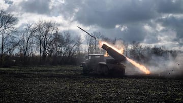 A Ukrainian BM-21 'Grad' multiple rocket launcher fires a rocket towards Russian positions on a front line in the Kharkiv region on November 3, 2022, amid the Russian invasion of Ukraine. (Photo by Ihor Tkachov / AFP) (Photo by IHOR TKACHOV/AFP via Getty Images)