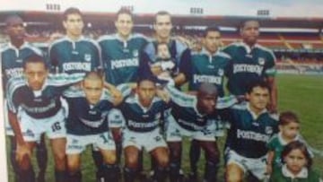 De derecha a izquierda el Cali de 1998: Valencia, Mosquera, Yepes, Dudamel, Marrero, Bonilla. Agachados en el mismo orden: Patiño, Pérez, Córdoba, Rivas y Reinoso.