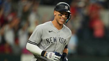 ARLINGTON, TX - OCTOBER 04: Aaron Judge #99 of the New York Yankees runs the bases after hitting his 62nd home run in the first inning breaking the American League home run record during the game between the New York Yankees and the Texas Rangers at Globe Life Field on Tuesday, October 4, 2022 in Arlington, Texas. (Photo by Cooper Neill/MLB Photos via Getty Images)