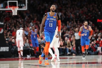 Apr 14, 2019; Portland, OR, USA; Oklahoma City Thunder forward Paul George (13) reacts after making a three point shot over Portland Trail Blazers in the second half in game one of the first round of the 2019 NBA Playoffs at Moda Center. Mandatory Credit: