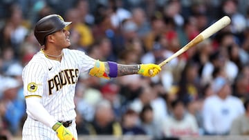 SAN DIEGO, CALIFORNIA - JULY 05: Manny Machado #13 of the San Diego Padres reacts after his solo homerun during the sixth inning of a game against the Los Angeles Angels at PETCO Park on July 05, 2023 in San Diego, California. With that homerun, Machado becomes the all time leader in Homeruns (66) at PETCO Park.   Sean M. Haffey/Getty Images/AFP (Photo by Sean M. Haffey / GETTY IMAGES NORTH AMERICA / Getty Images via AFP)