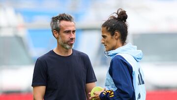 AVILES, SPAIN - JUNE 29: Jorge Vilda, Head Coach of Spain speaks to assistant coach Montse Tome of Spain prior to the international friendly match between Spain Women and Panama Women at Estadio Roman Suarez Puerta on June 29, 2023 in Aviles, Spain. (Photo by Juan Manuel Serrano Arce/Getty Images)