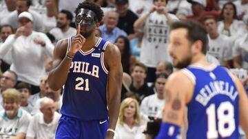 MIAMI, FL - APRIL 19: Joel Embiid #21 of the Philadelphia 76ers reacts after hitting a three pointer in the second quarter against the Miami Heat at American Airlines Arena on April 19, 2018 in Miami, Florida. NOTE TO USER: User expressly acknowledges and agrees that, by downloading and or using this photograph, User is consenting to the terms and conditions of the Getty Images License Agreement.   Eric Espada/Getty Images/AFP
 == FOR NEWSPAPERS, INTERNET, TELCOS &amp; TELEVISION USE ONLY ==